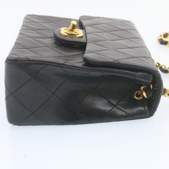 CHANEL Mini Matelasse Chain Flap Shoulder Bag Lamb Skin Black Gold Auth 28471AM - Picture 5 of 16